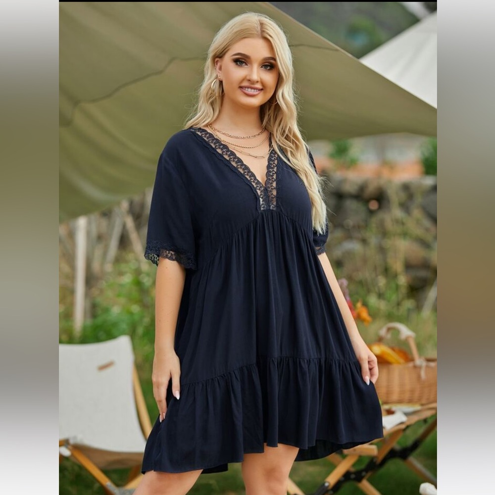 SHEIN VCAY Plus Lace Panel Ruffle Hem Smock Dress
